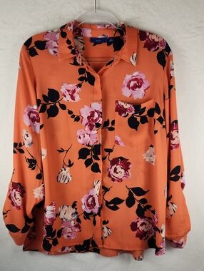 Apt. 9 Orange Floral Button Down Blouse Long Sleeves Roll Tab Sleeves Women's XL